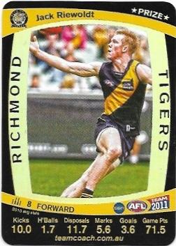 2011 Teamcoach Prize Card Richmond Jack Riewoldt (Not Embossed Error)