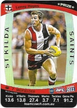 2011 Teamcoach Prize Card St. Kilda Lenny Hayes (Not Embossed Error)