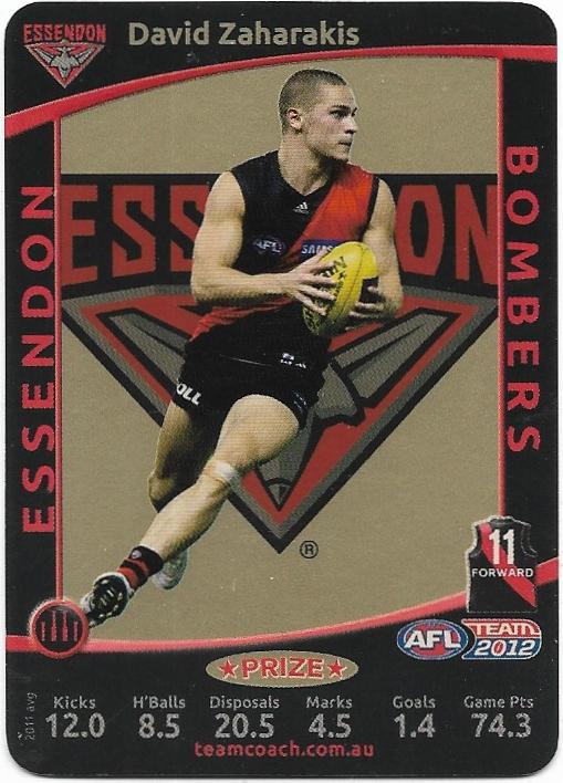 2012 Teamcoach Prize Card – Essendon – David Zaharakis