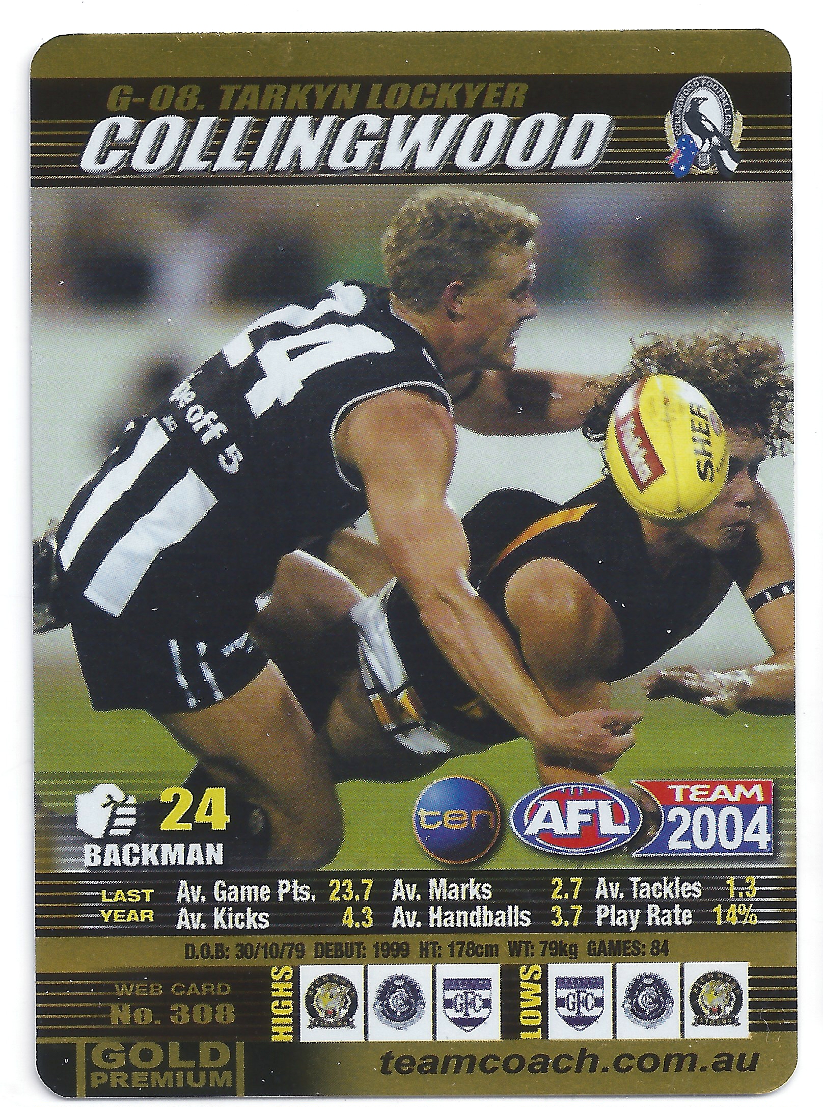 2004 Teamcoach Gold (G-08) Tarkyn Lockyer Collingwood