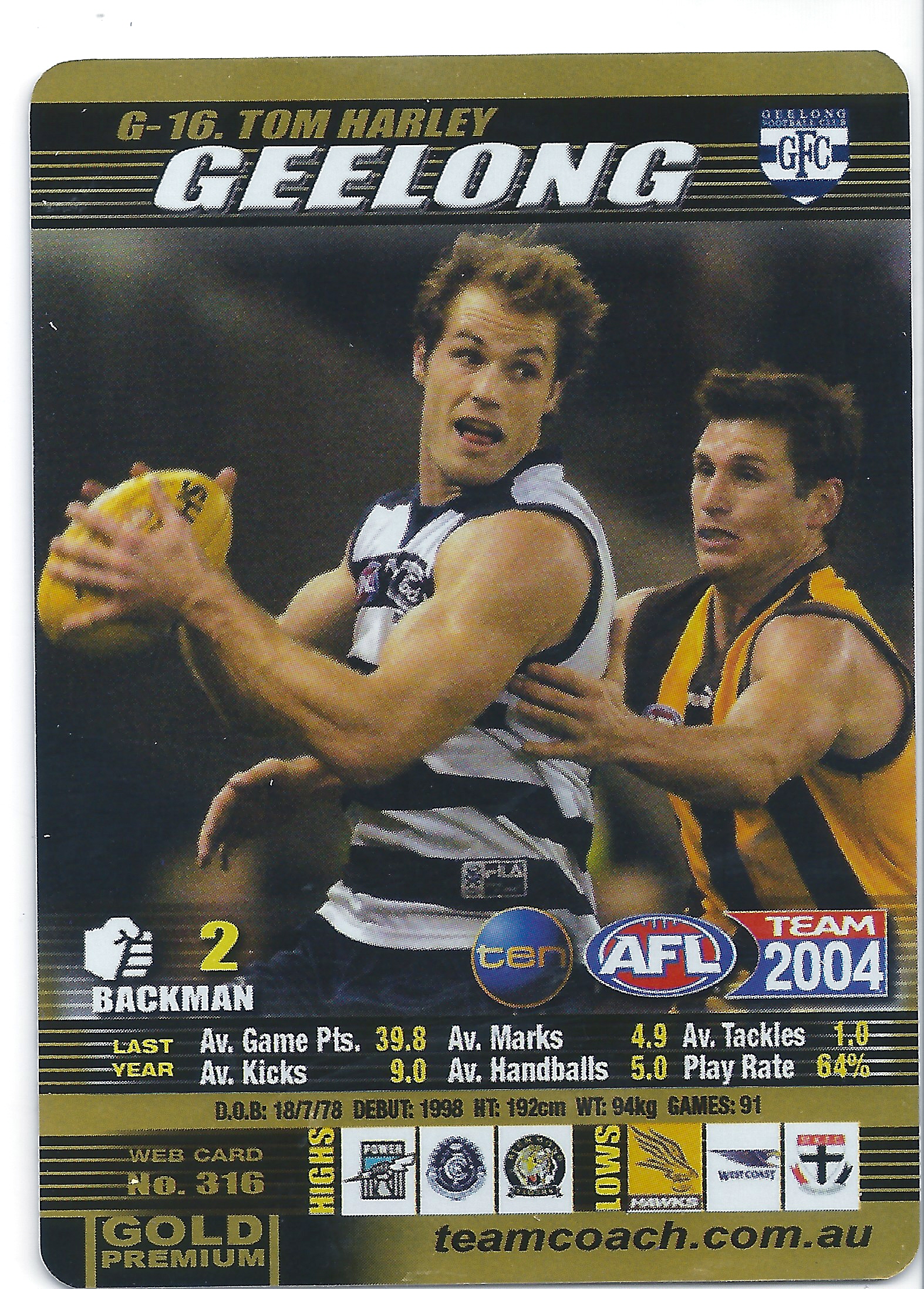 2004 Teamcoach Gold (G-16) Tom Harley Geelong