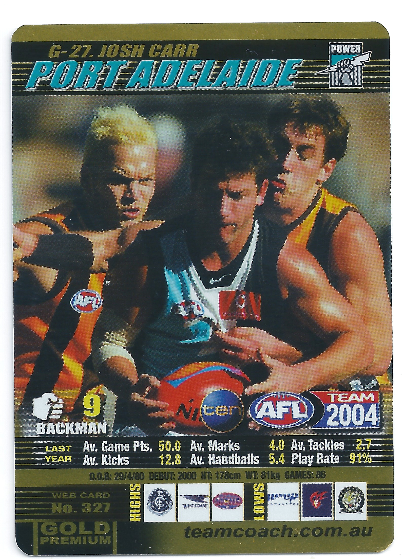 2004 Teamcoach Gold (G-27) Josh Carr Port Adelaide