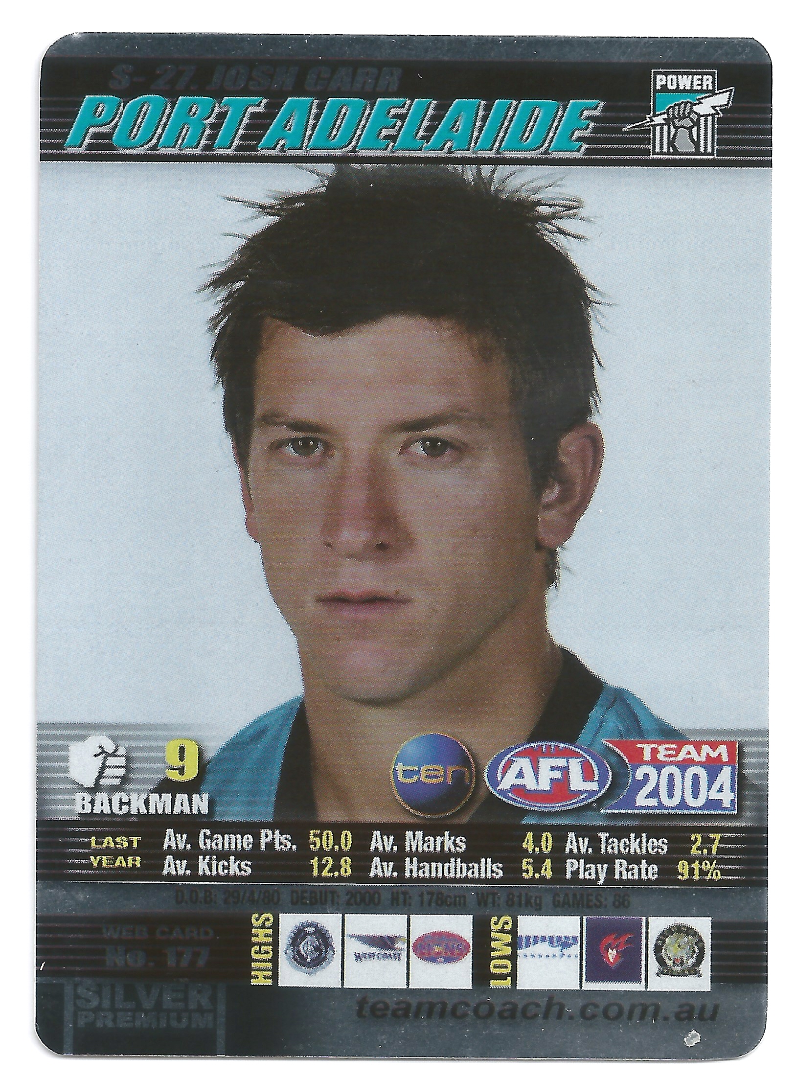 2004 Teamcoach Silver (S-27) Josh Carr Port Adelaide
