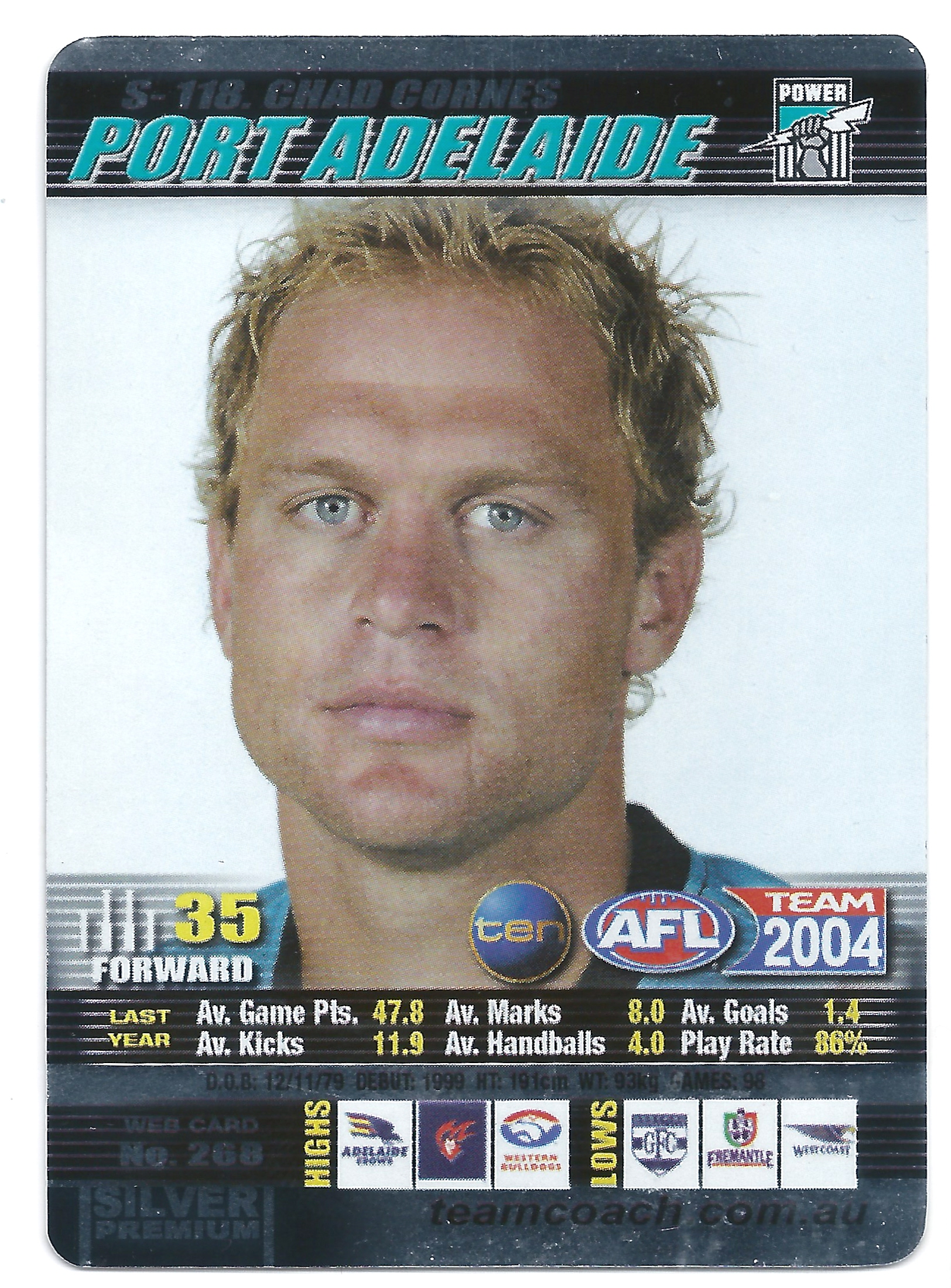 2004 Teamcoach Silver (S-118) Chad Cornes Port Adelaide