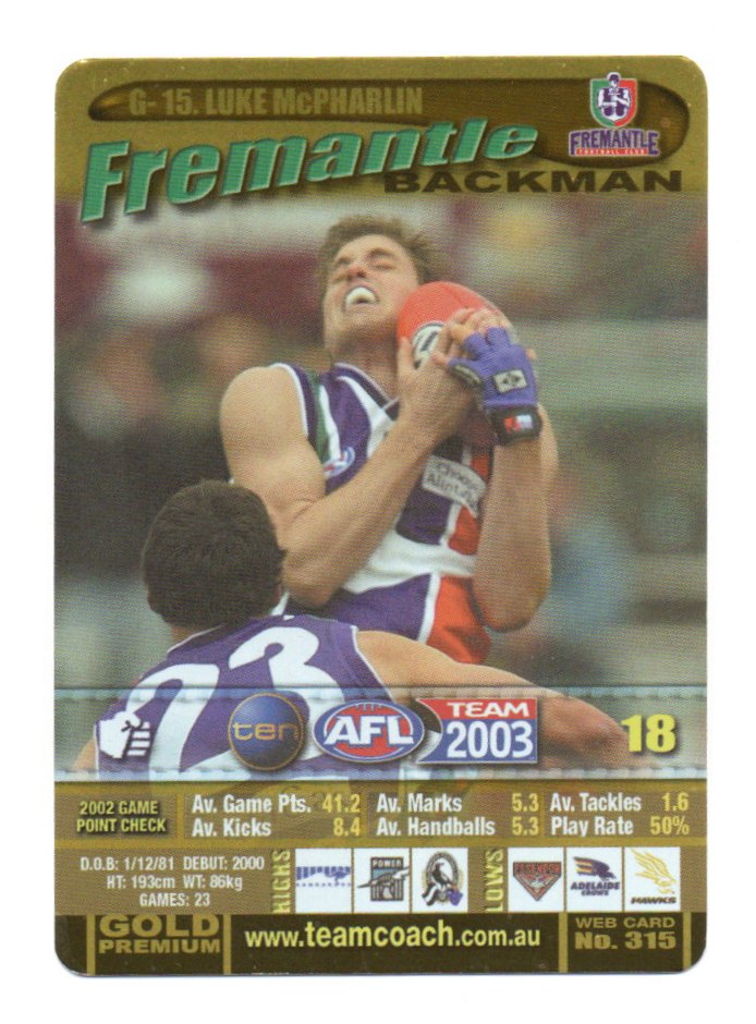 2003 Teamcoach Gold (G-15) Luke McPharlin Fremantle