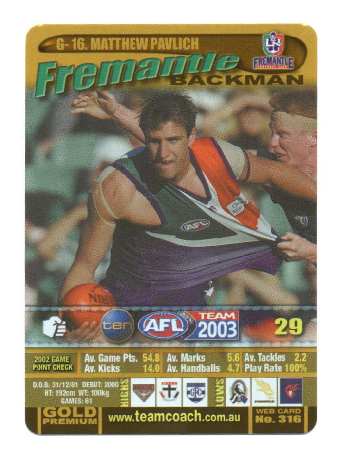 2003 Teamcoach Gold (G-16) Matthew Pavlich Fremantle