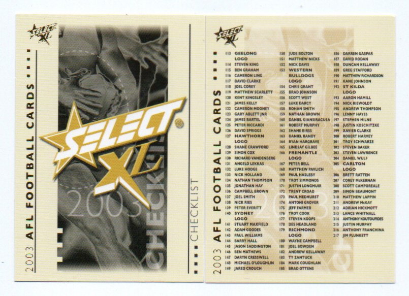 2003 Select XL Check Lists